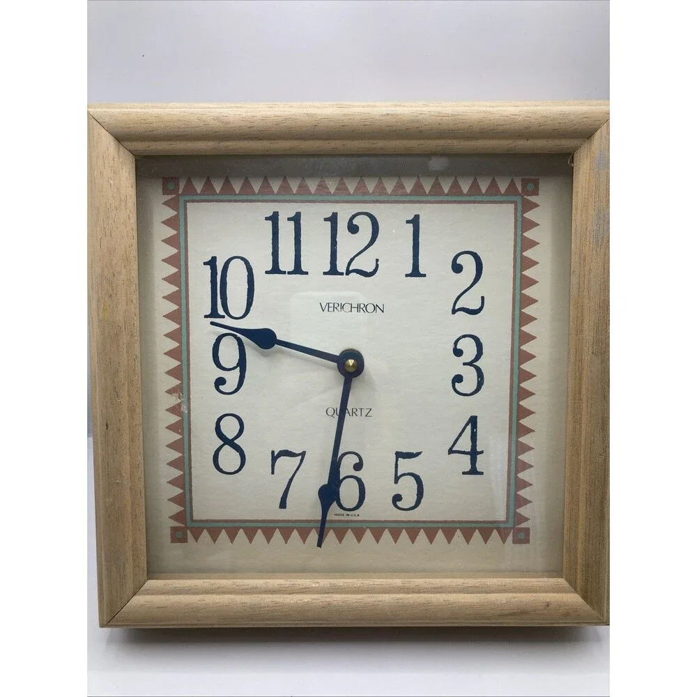 Vintage Verichron Quartz Wall Clock Square Wood Frame Mid Century Modern USA 9”